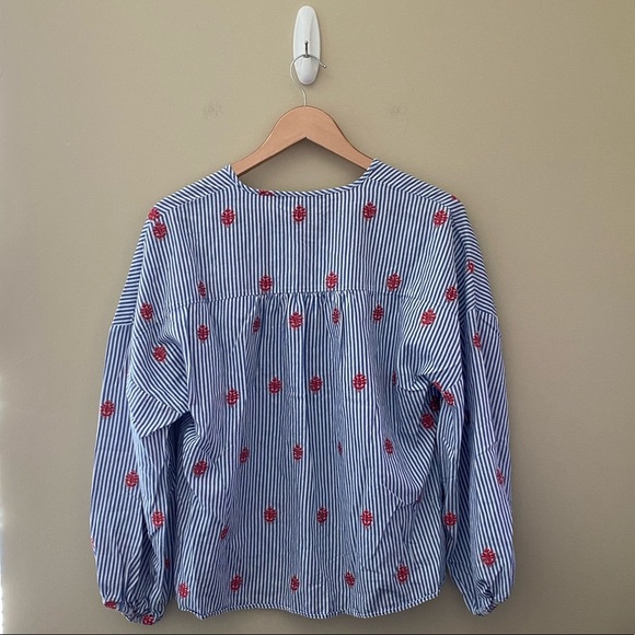 Zara Woman Blue Striped Button Down Embroidered Balloon Sleeve Blouse Size XS - Picture 4 of 7